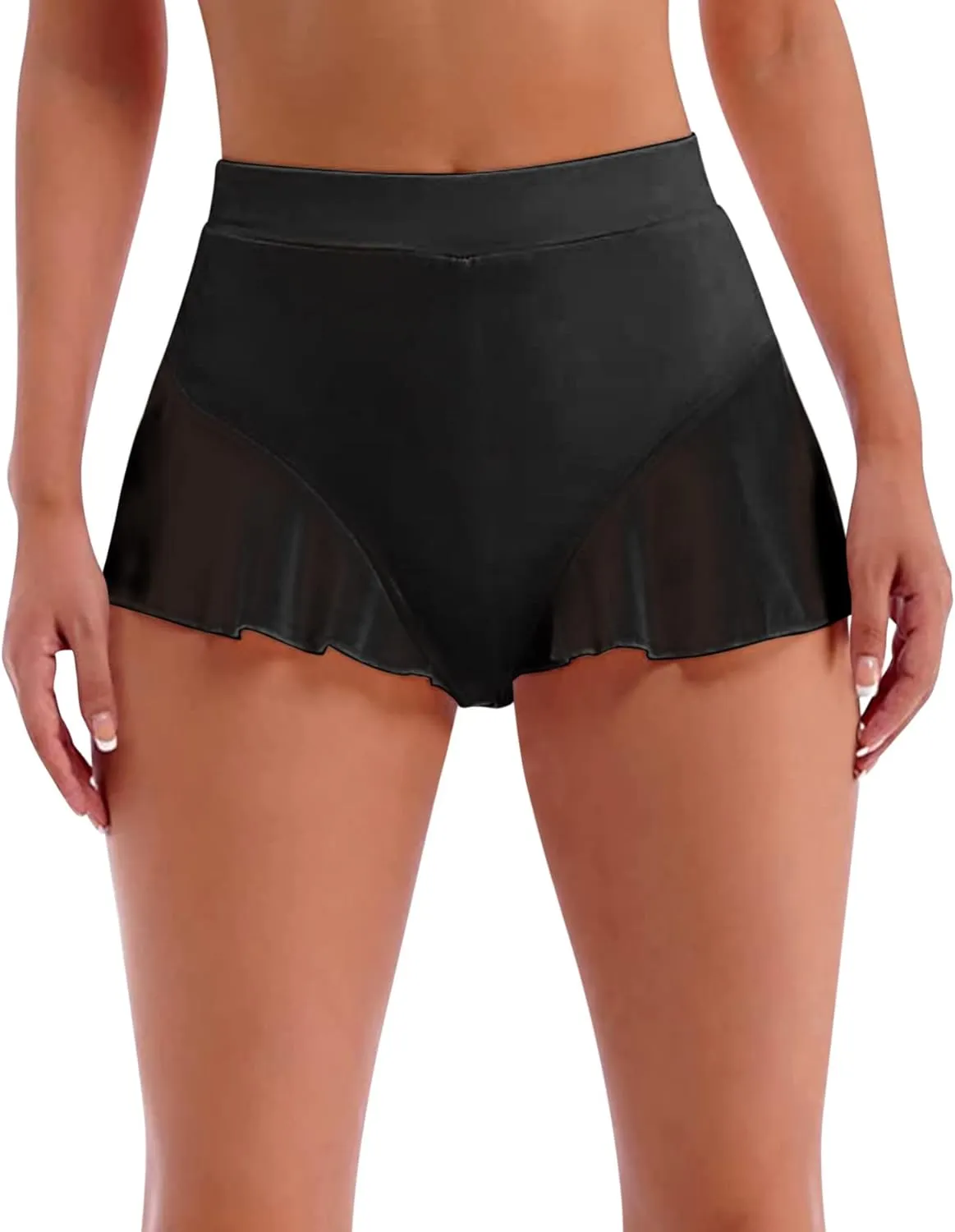 Rave Bottoms for Women - Festival Cute High Waisted Bikini Shorts Sheer Mesh Ruffle Dance Skirt Club Mini Hot Pants