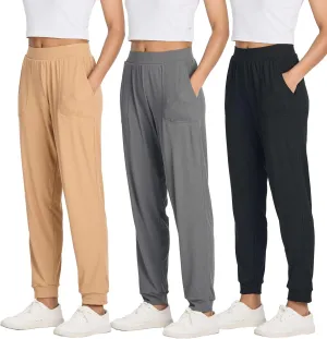 Real Essentials 3 Pack: Women's Ribbed Lounge Jogger Cuffed Yoga SweatpantsPockets (Available in Plus)