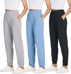 Real Essentials 3 Pack: Women's Ribbed Lounge Jogger Cuffed Yoga SweatpantsPockets (Available in Plus)