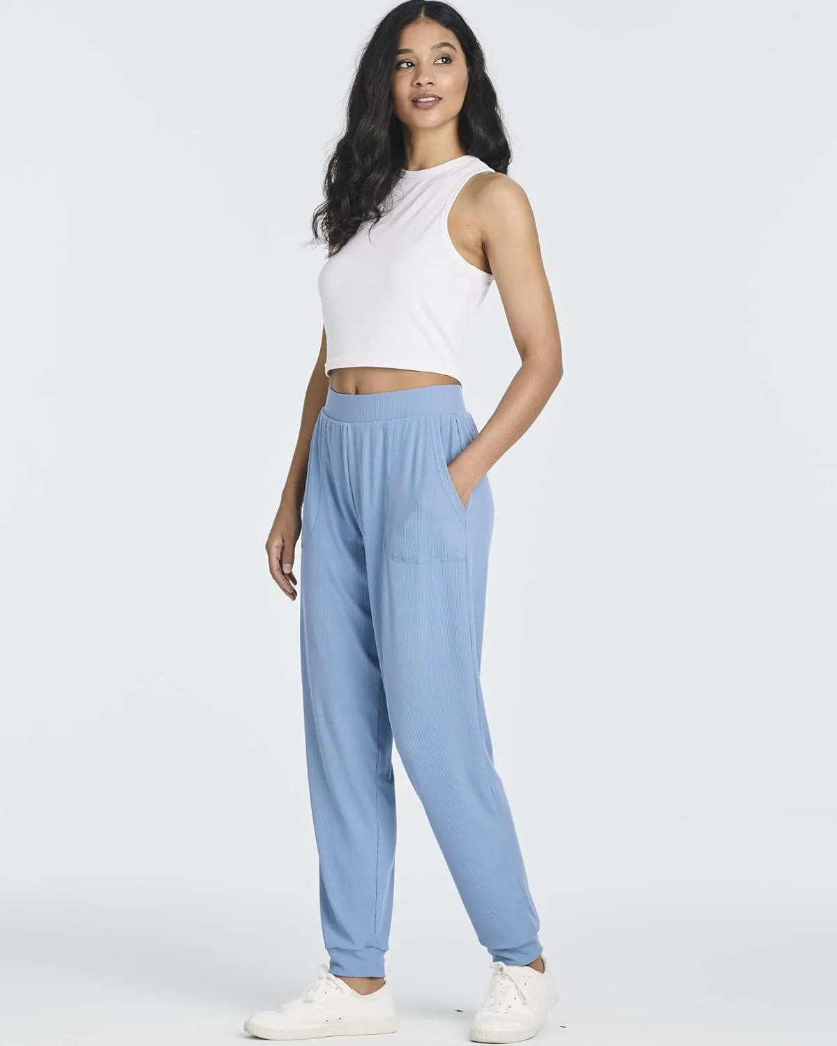Real Essentials 3 Pack: Women's Ribbed Lounge Jogger Cuffed Yoga SweatpantsPockets (Available in Plus)