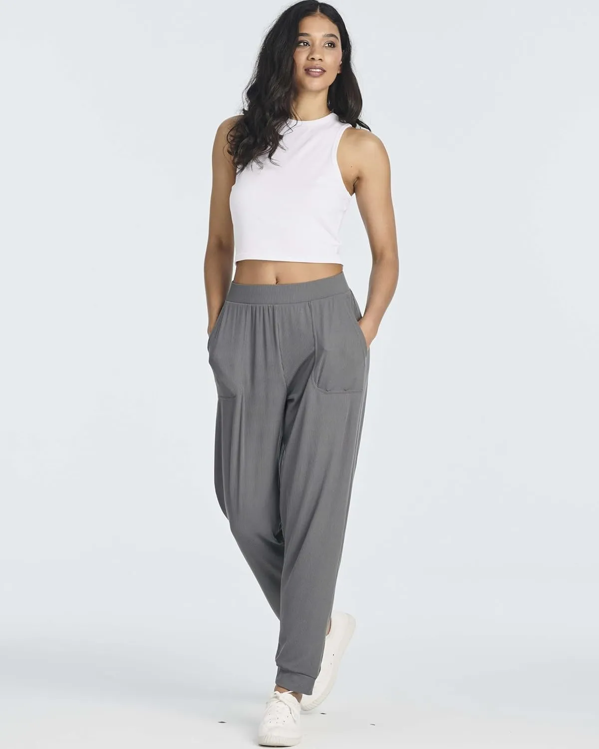 Real Essentials 3 Pack: Women's Ribbed Lounge Jogger Cuffed Yoga SweatpantsPockets (Available in Plus)