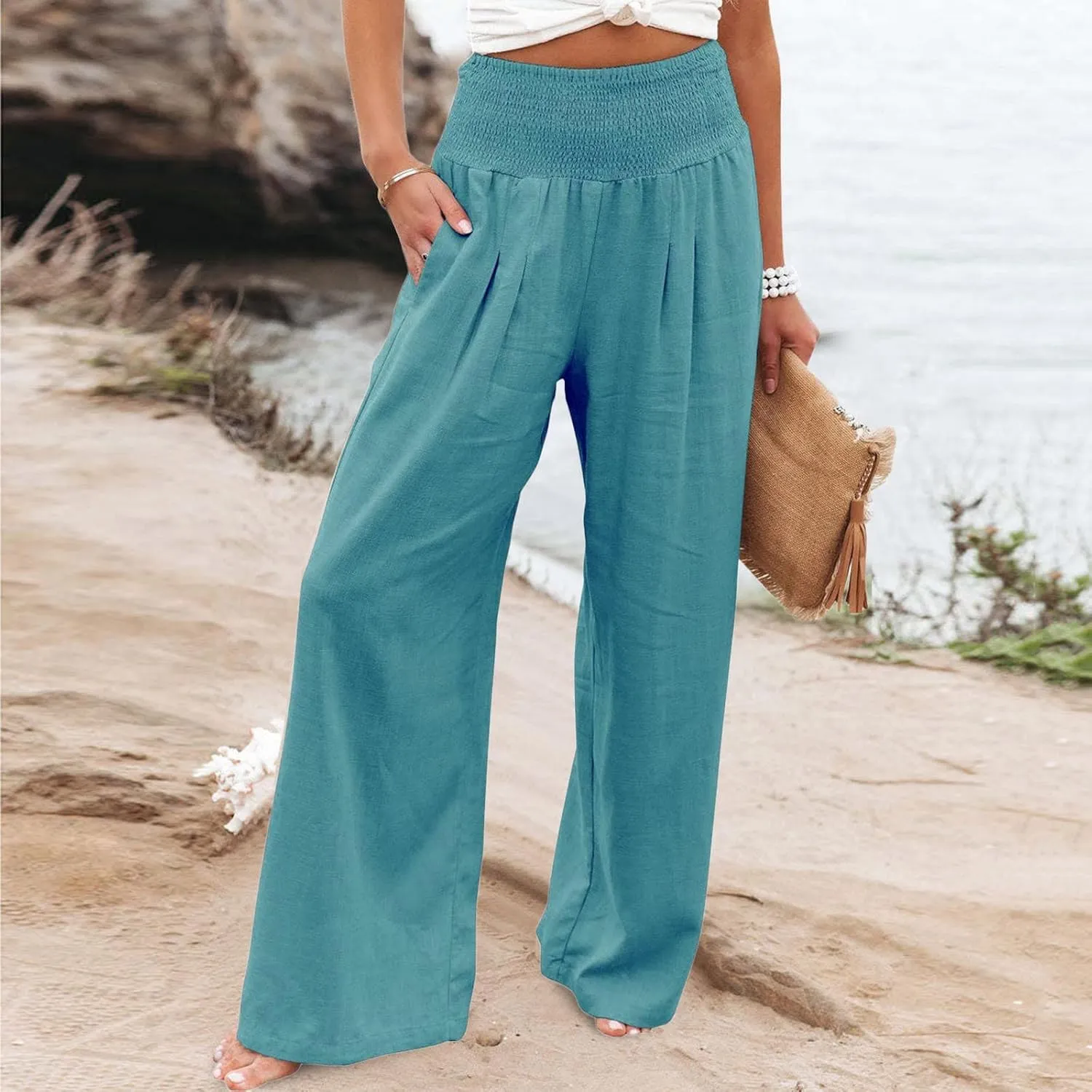 sdbrld Linen Pants for Women Summer Wide Leg Cotton Linen Trousers Fashion High Waist Beach Palazzo Pants Lounge with Pockets
