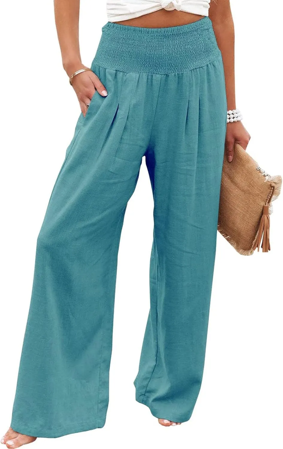 sdbrld Linen Pants for Women Summer Wide Leg Cotton Linen Trousers Fashion High Waist Beach Palazzo Pants Lounge with Pockets