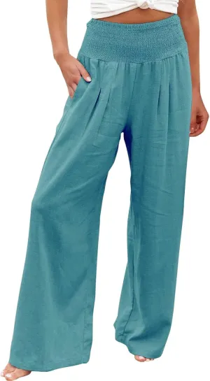 sdbrld Linen Pants for Women Summer Wide Leg Cotton Linen Trousers Fashion High Waist Beach Palazzo Pants Lounge with Pockets