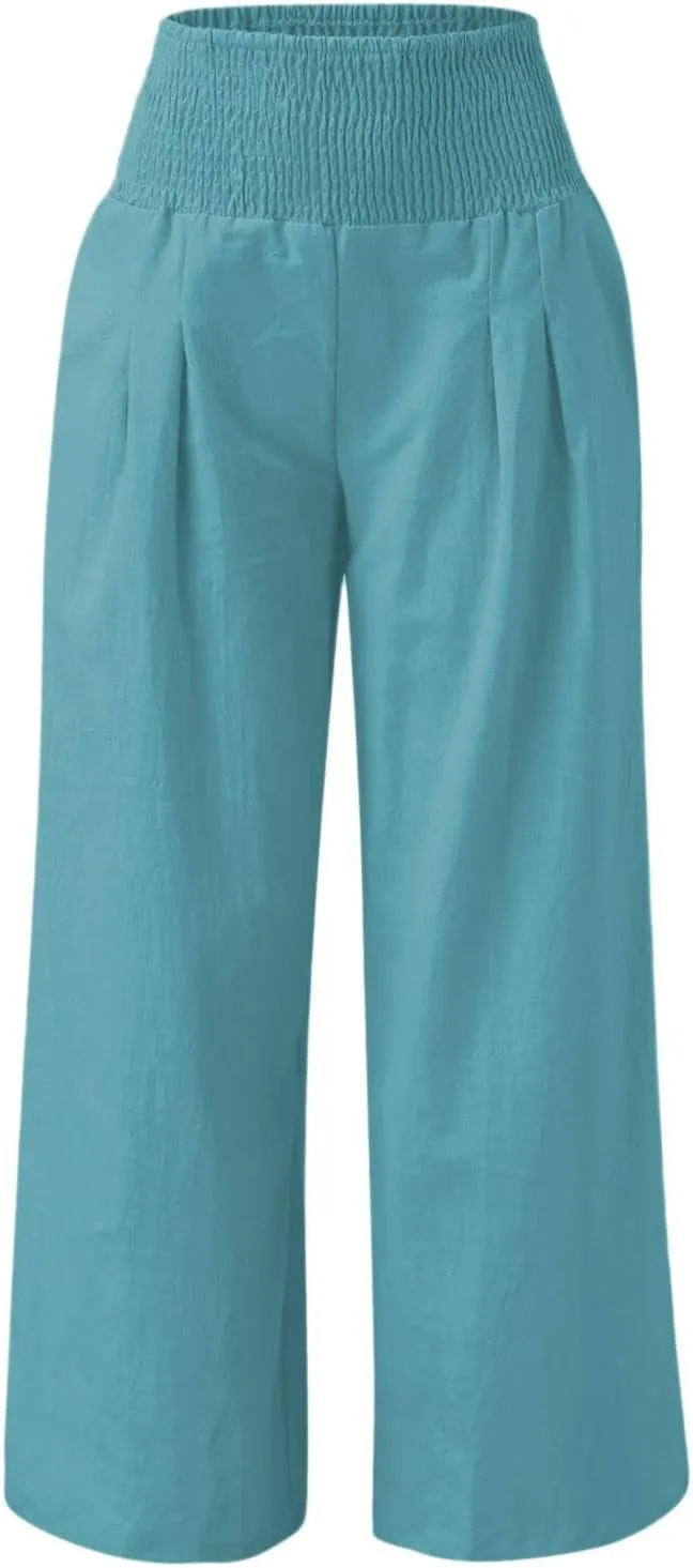 sdbrld Linen Pants for Women Summer Wide Leg Cotton Linen Trousers Fashion High Waist Beach Palazzo Pants Lounge with Pockets