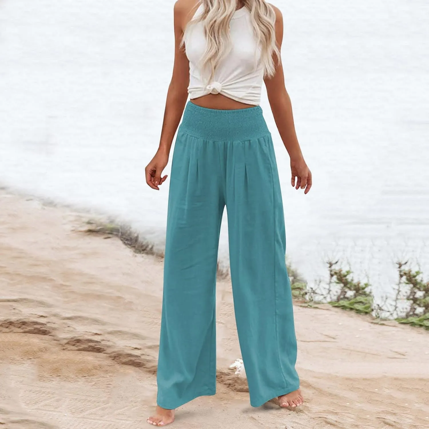 sdbrld Linen Pants for Women Summer Wide Leg Cotton Linen Trousers Fashion High Waist Beach Palazzo Pants Lounge with Pockets