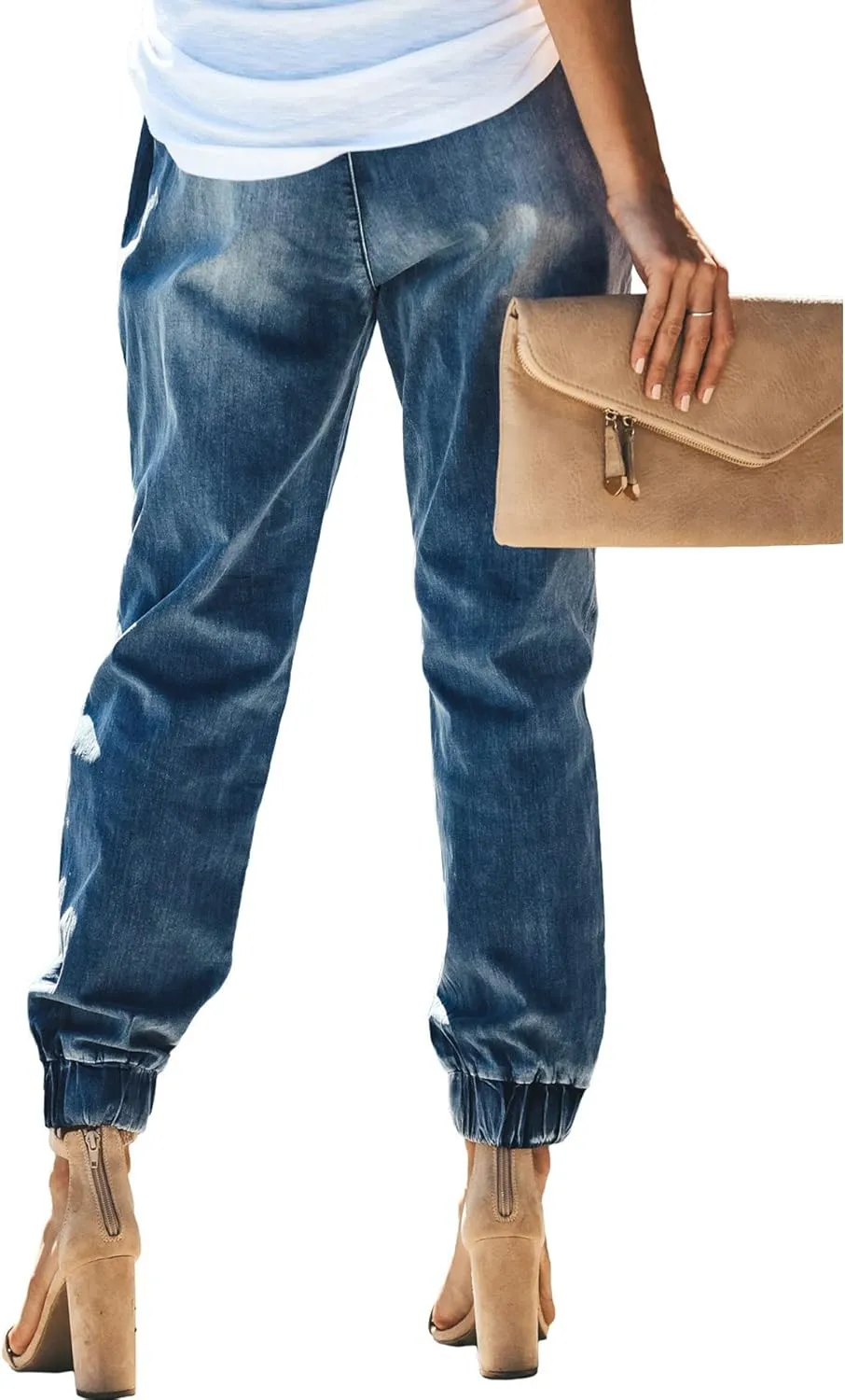 Sexyshine Women's Pull-on Distressed Denim Joggers Drawstring High Elastic Waist Loose Cargo Pants Ankle Length Jeans