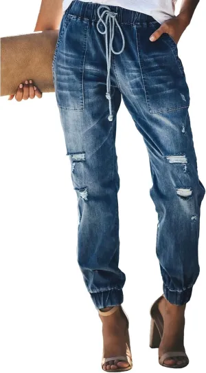 Sexyshine Women's Pull-on Distressed Denim Joggers Drawstring High Elastic Waist Loose Cargo Pants Ankle Length Jeans