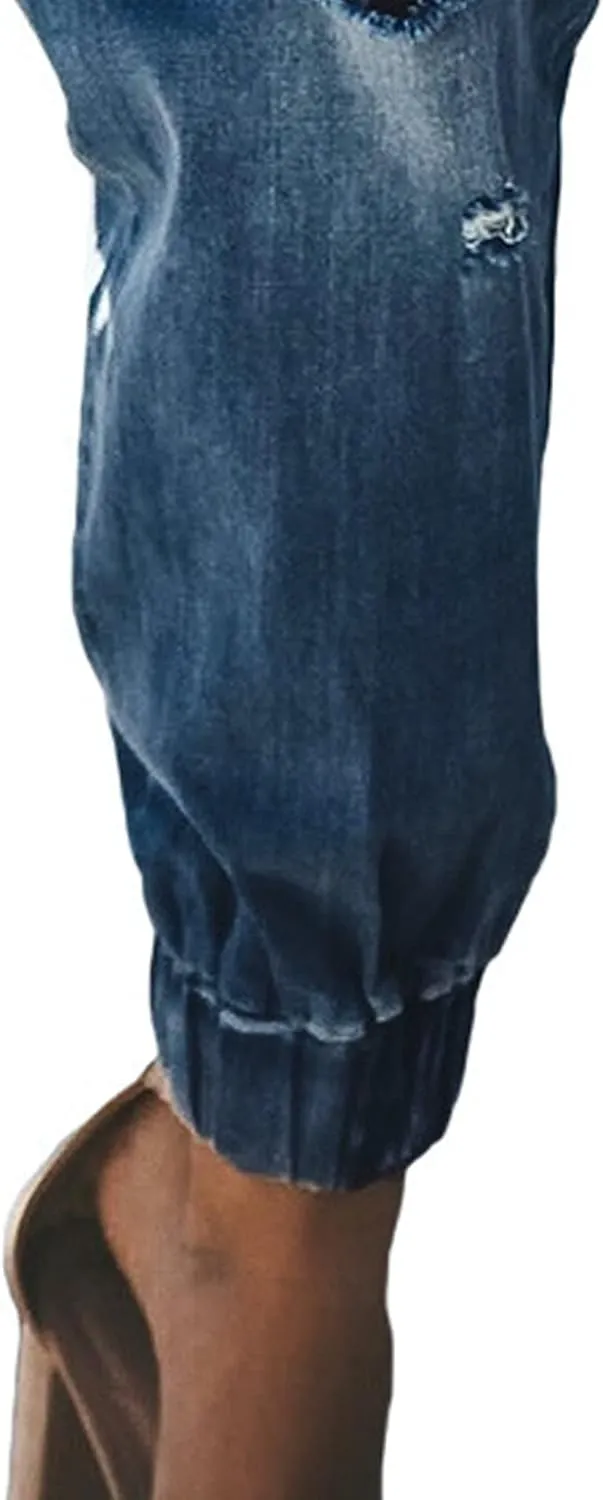 Sexyshine Women's Pull-on Distressed Denim Joggers Drawstring High Elastic Waist Loose Cargo Pants Ankle Length Jeans