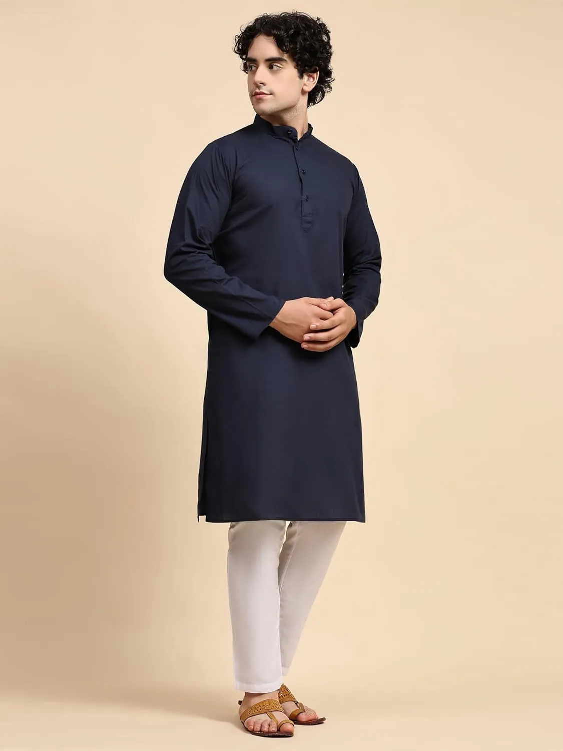 SKAVIJ Men's Pure Cotton Solid Kurta Pajama Set Mandarin Collar Daily Wear Casual Yoga Dress