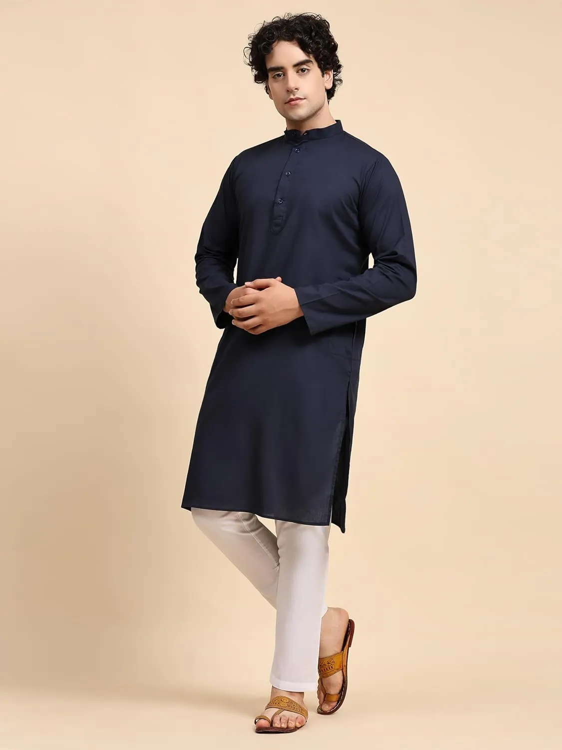 SKAVIJ Men's Pure Cotton Solid Kurta Pajama Set Mandarin Collar Daily Wear Casual Yoga Dress