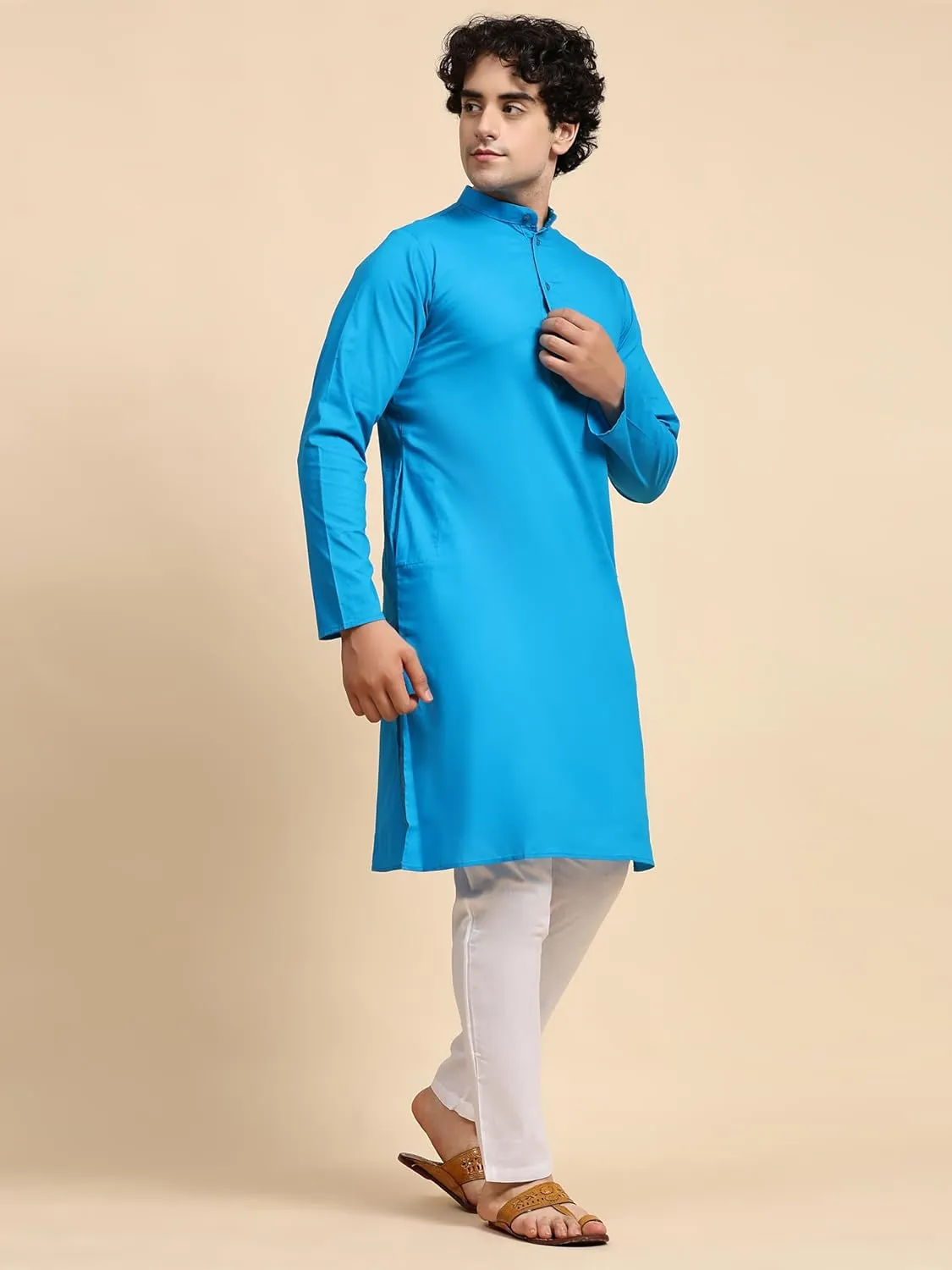 SKAVIJ Men's Pure Cotton Solid Kurta Pajama Set Mandarin Collar Daily Wear Casual Yoga Dress