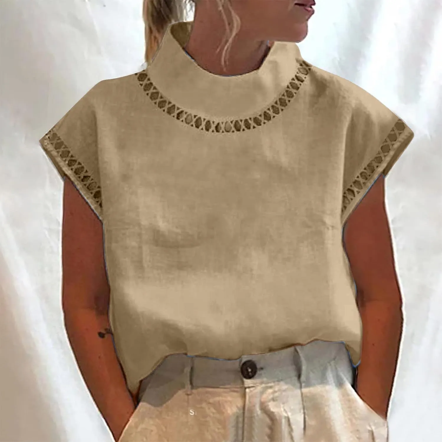 SMIDOW Womens Tops Dressy Casual Spring 2023 Fashion Casp Sleeve Linen Shirts High Neck Eyelet Summer t-Shirt Blouse