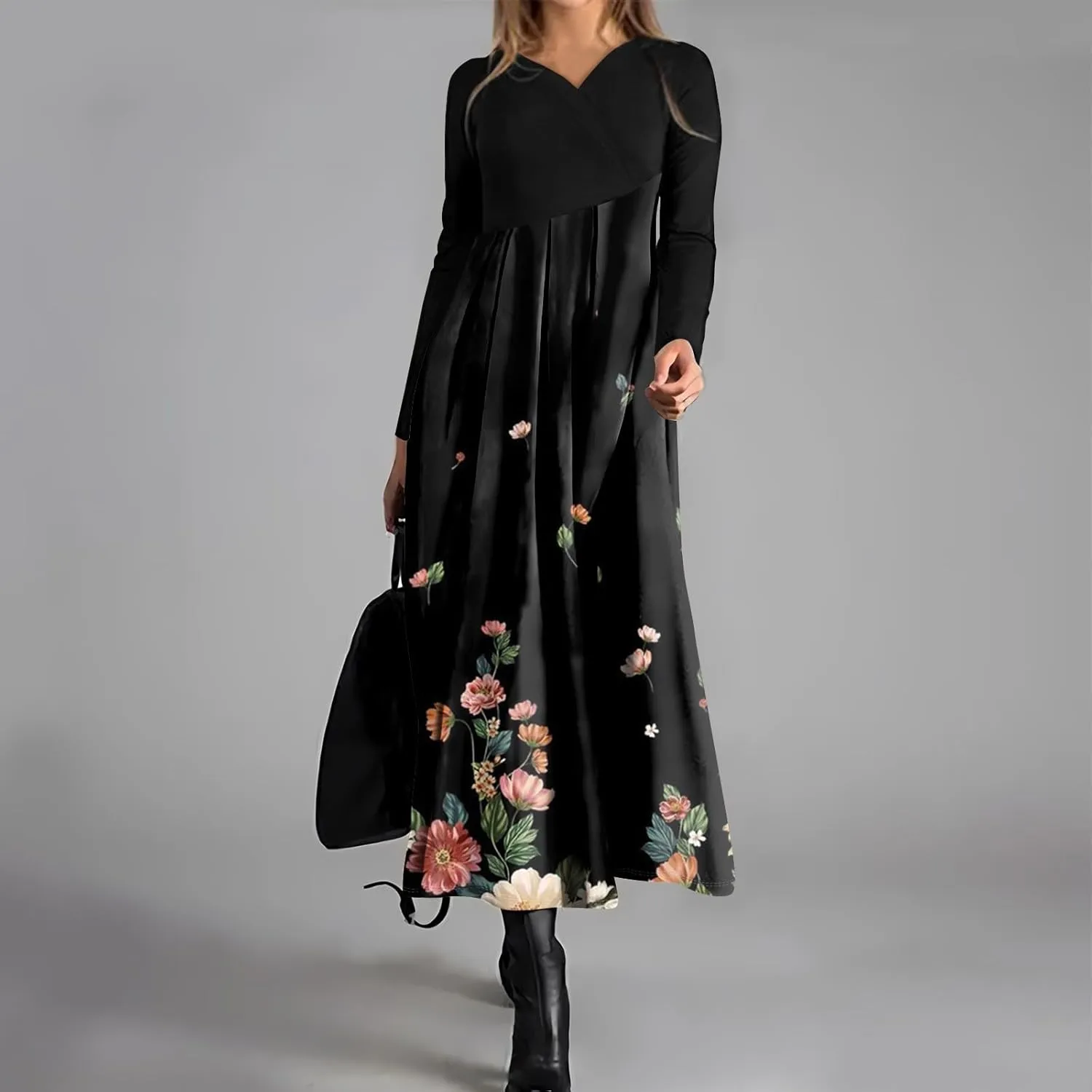 Spring Dresses for Women 2025 Midi Long Sleeve V Neck Tea Length Vacation Work Flowy Office Fashion Dress