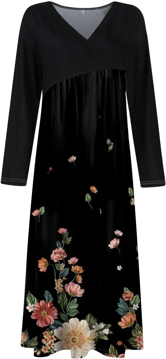 Spring Dresses for Women 2025 Midi Long Sleeve V Neck Tea Length Vacation Work Flowy Office Fashion Dress