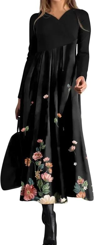 Spring Dresses for Women 2025 Midi Long Sleeve V Neck Tea Length Vacation Work Flowy Office Fashion Dress