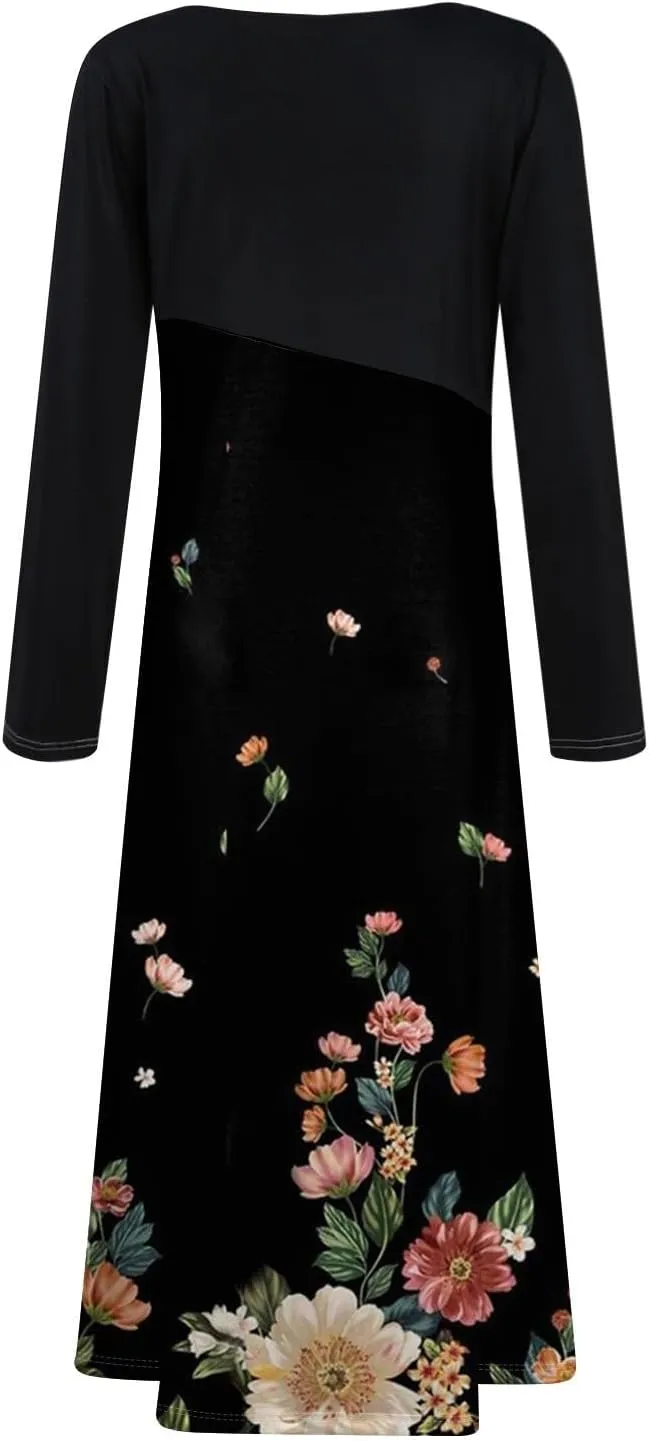 Spring Dresses for Women 2025 Midi Long Sleeve V Neck Tea Length Vacation Work Flowy Office Fashion Dress