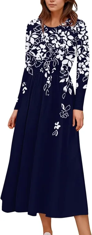 Spring Dresses for Women 2025 Midi V Neck Long Sleeve Trendy Casual Work Modest Curvy Dressy Dress