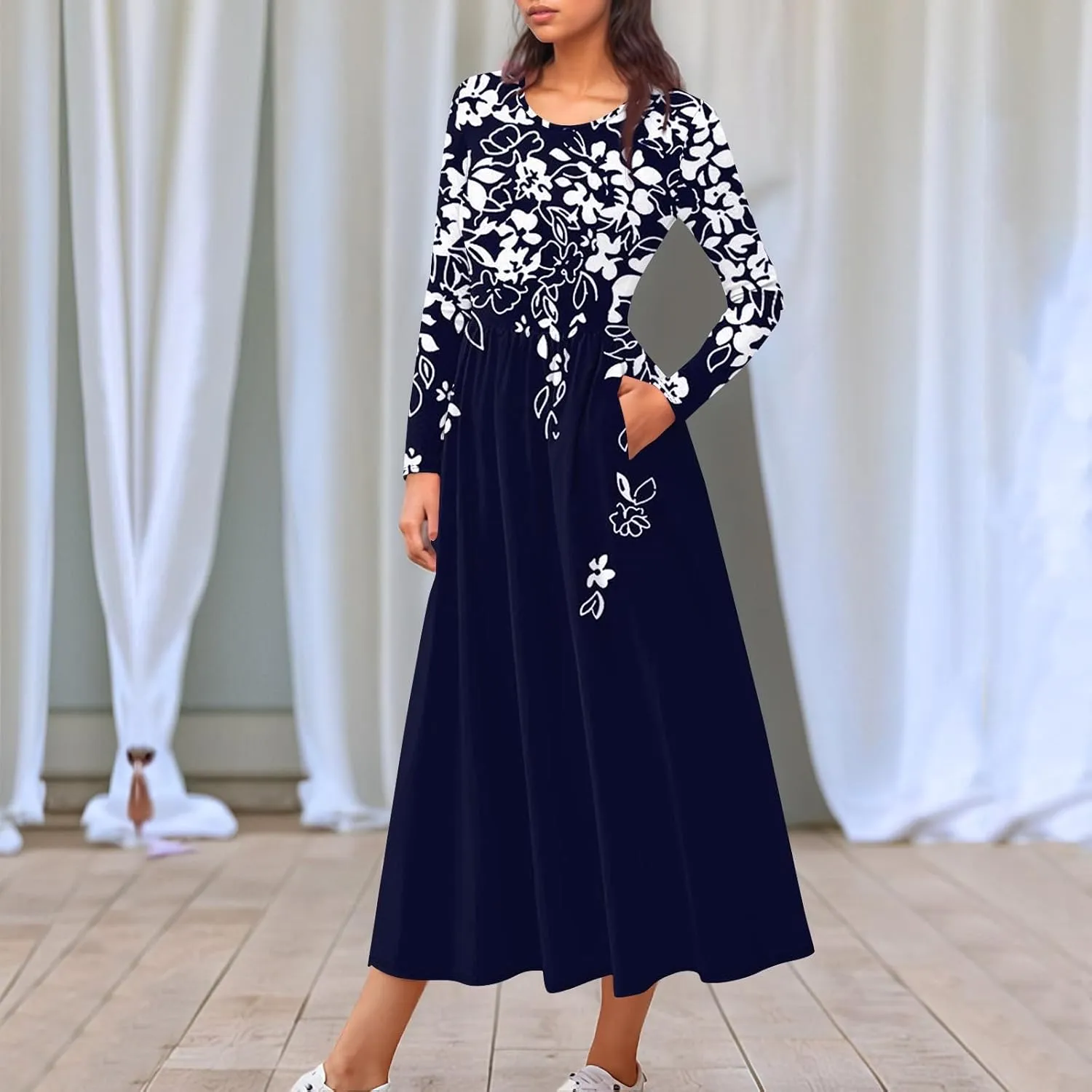 Spring Dresses for Women 2025 Midi V Neck Long Sleeve Trendy Casual Work Modest Curvy Dressy Dress