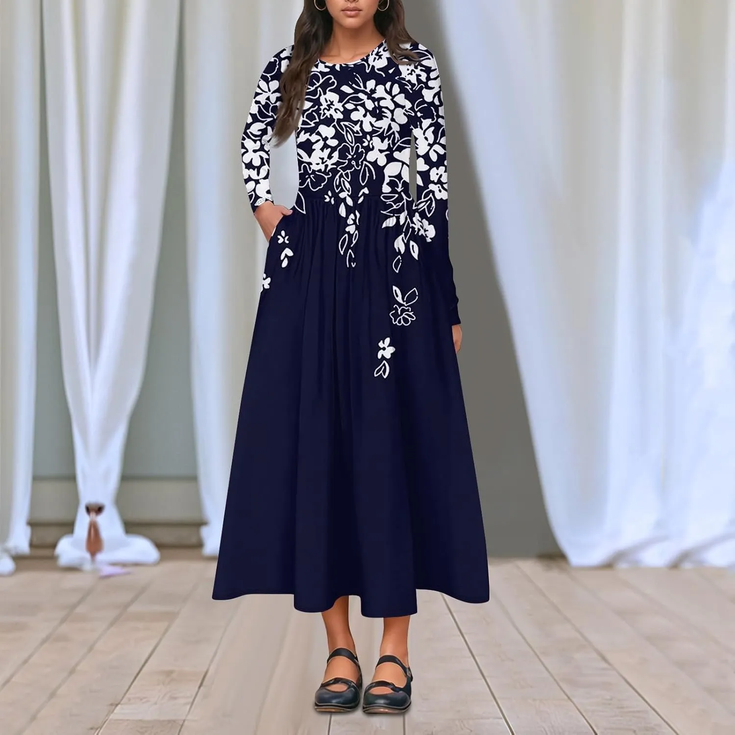 Spring Dresses for Women 2025 Midi V Neck Long Sleeve Trendy Casual Work Modest Curvy Dressy Dress