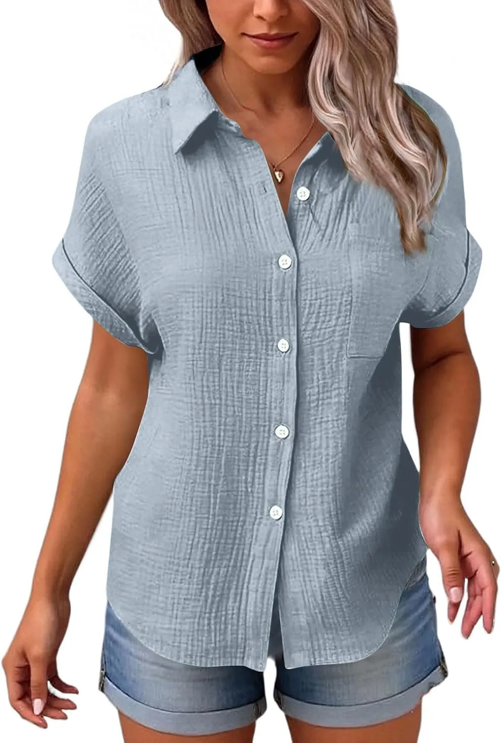 Spring Tops for Women Casual Loose Short Sleeve Standing Collar Button Solid Color Linen Shirt Tops Outfits, S-2XL