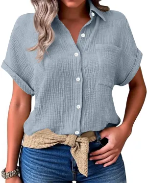 Spring Tops for Women Casual Loose Short Sleeve Standing Collar Button Solid Color Linen Shirt Tops Outfits, S-2XL