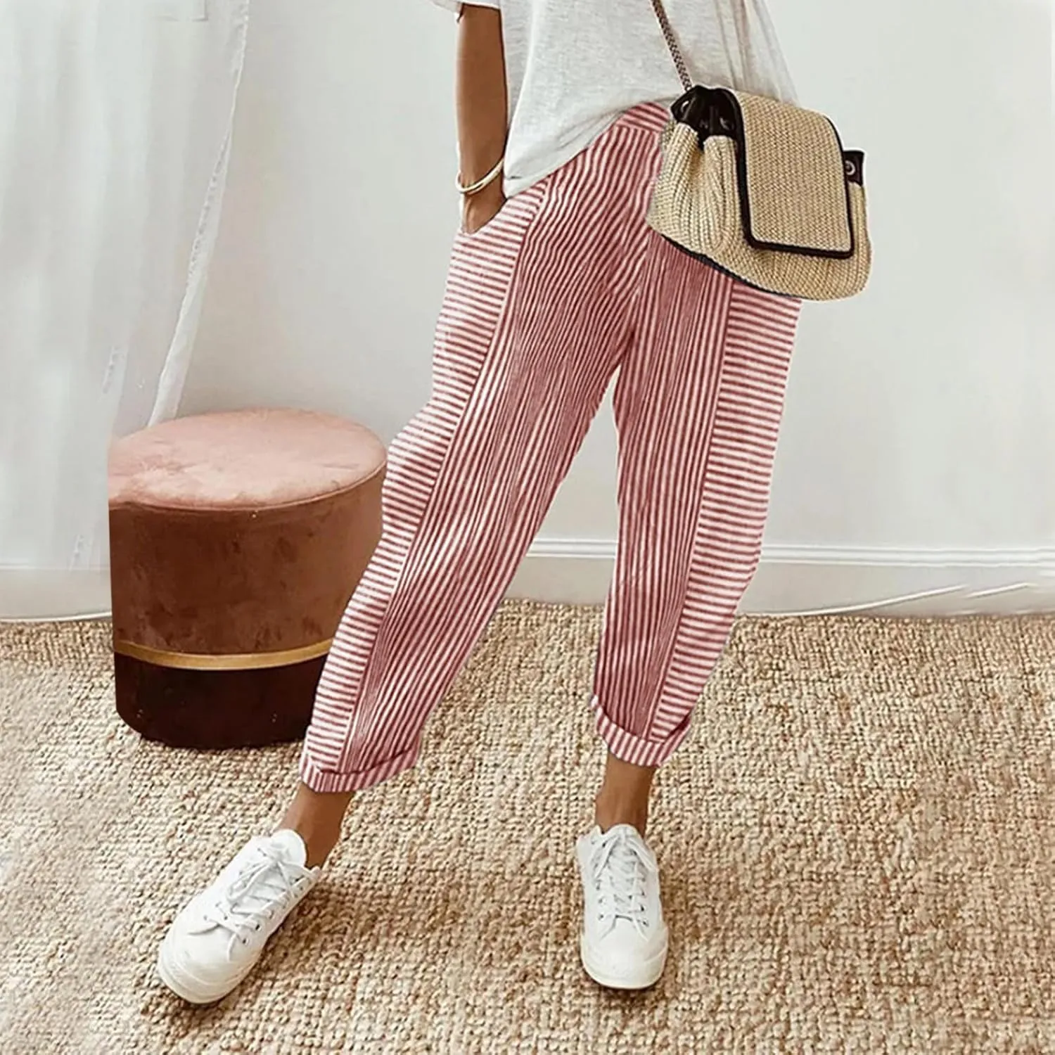 Striped Casual Pants for Women High Waisted Pants Straight Leg Travel Pants Comfy Beach Pants Trousers with Pockets
