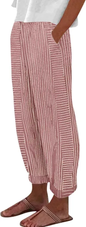 Striped Casual Pants for Women High Waisted Pants Straight Leg Travel Pants Comfy Beach Pants Trousers with Pockets
