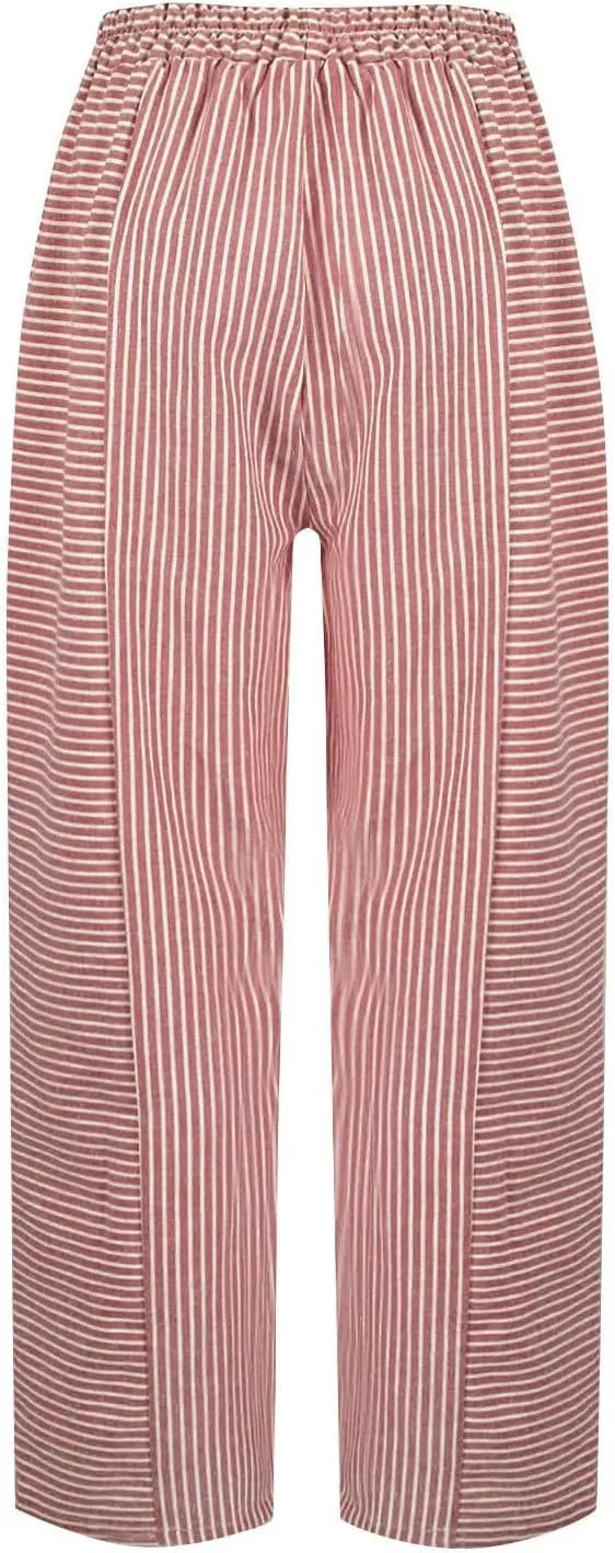 Striped Casual Pants for Women High Waisted Pants Straight Leg Travel Pants Comfy Beach Pants Trousers with Pockets