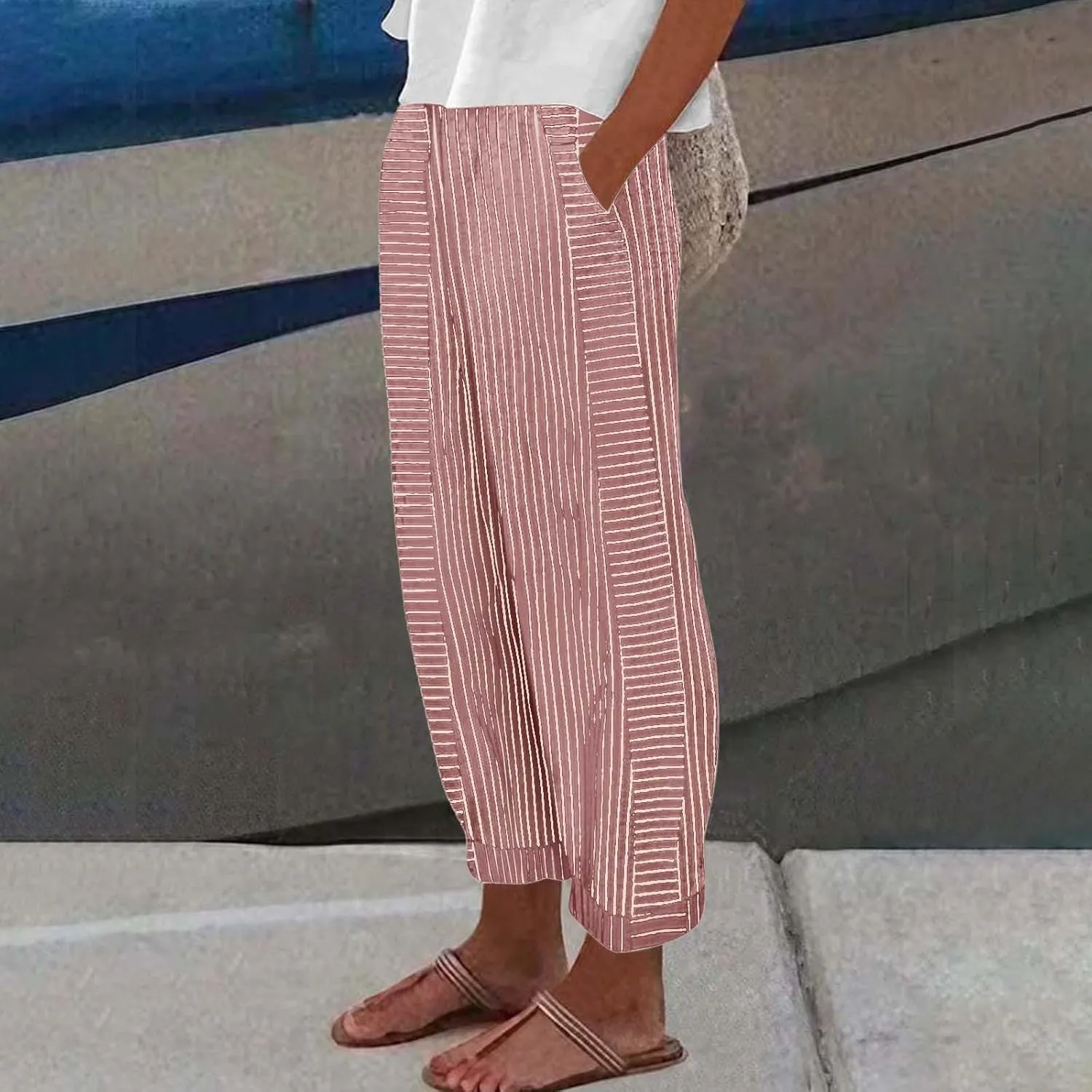 Striped Casual Pants for Women High Waisted Pants Straight Leg Travel Pants Comfy Beach Pants Trousers with Pockets