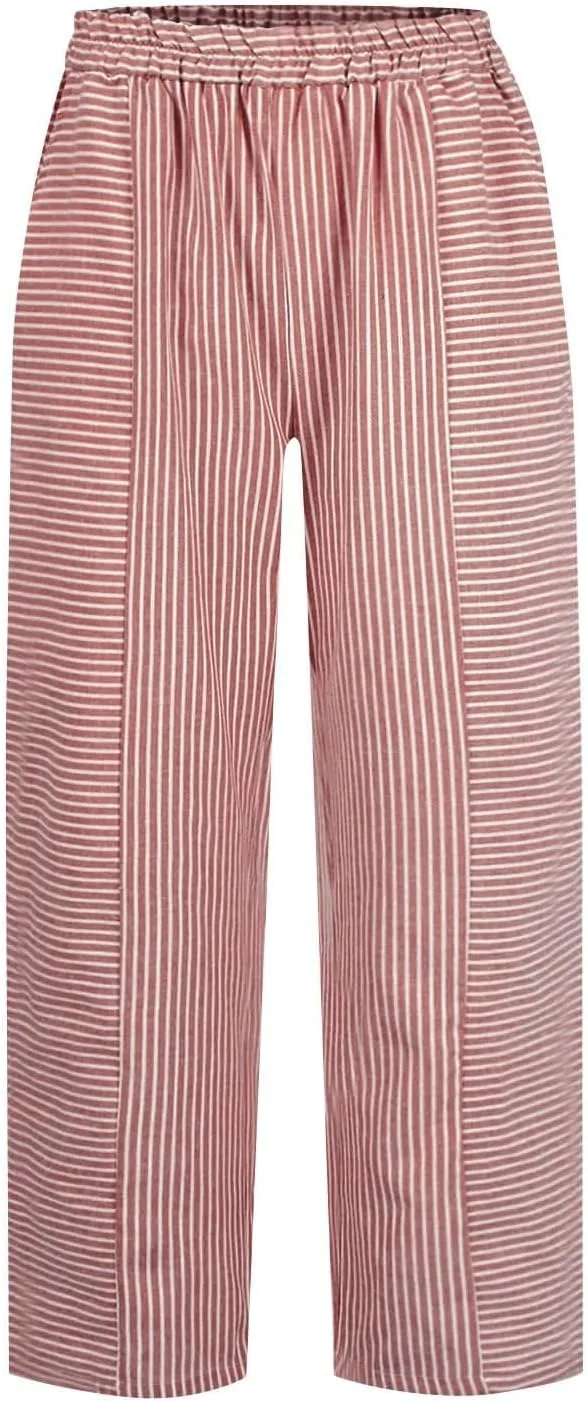 Striped Casual Pants for Women High Waisted Pants Straight Leg Travel Pants Comfy Beach Pants Trousers with Pockets