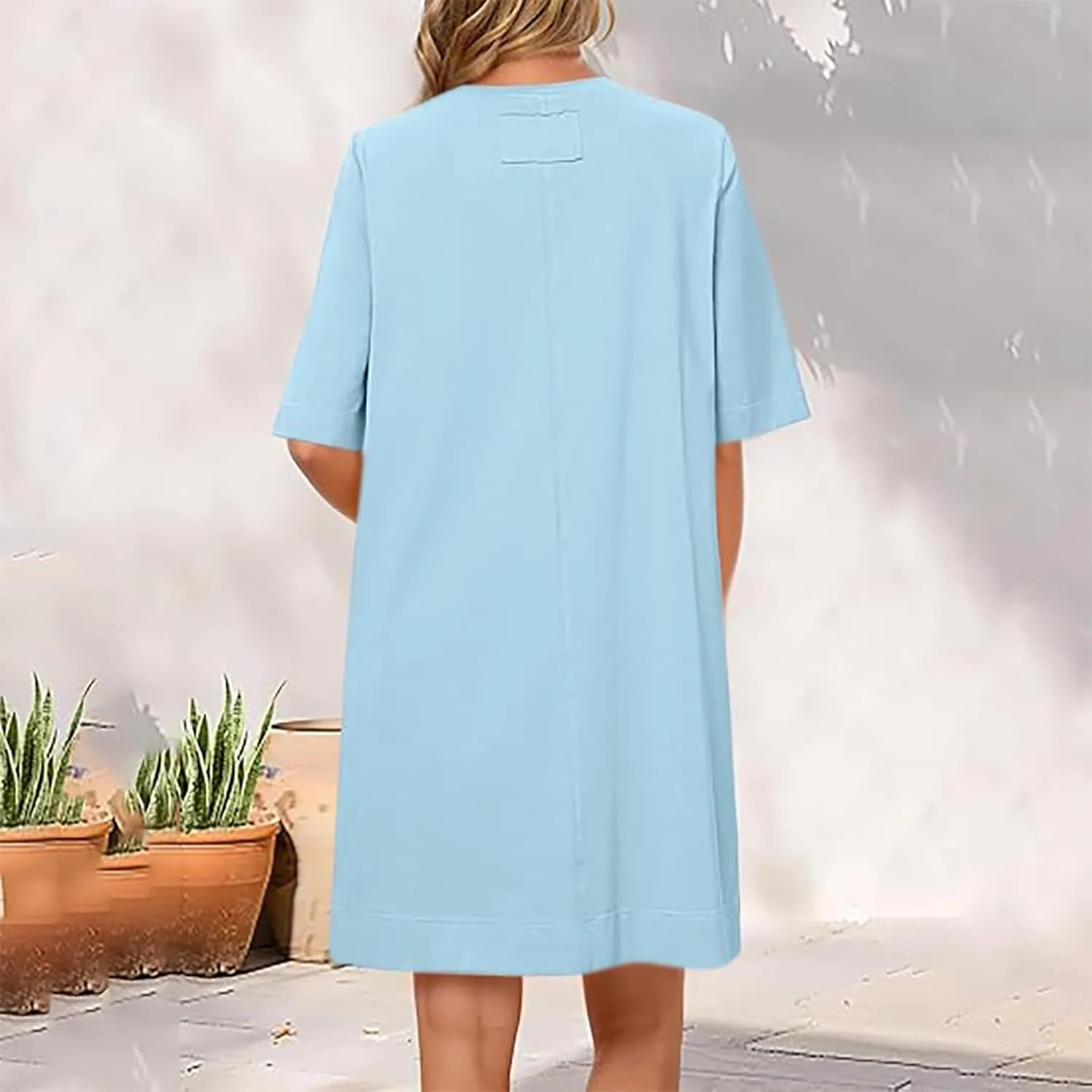 Summer Beach Dresses for Women 2025 Short Sleeve Mini Sundress Casual Crew Neck Loose Shift Dresses Solid Color