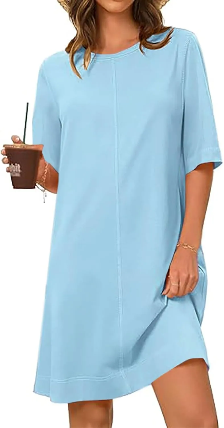 Summer Beach Dresses for Women 2025 Short Sleeve Mini Sundress Casual Crew Neck Loose Shift Dresses Solid Color