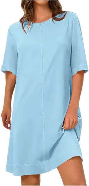 Summer Beach Dresses for Women 2025 Short Sleeve Mini Sundress Casual Crew Neck Loose Shift Dresses Solid Color