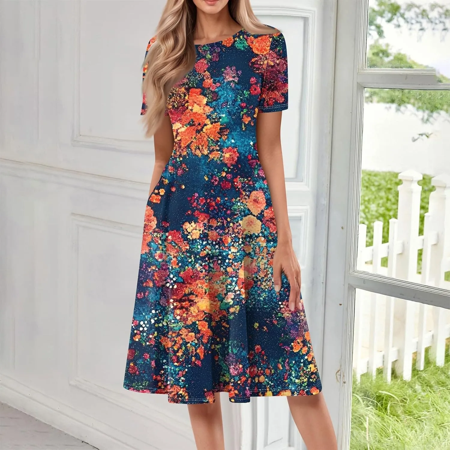 Summer Dresses for Women 2025 Beach Vacation Crewneck Short Sleeve Elegant A Line Dress Side Pockets Midi Sun Dress