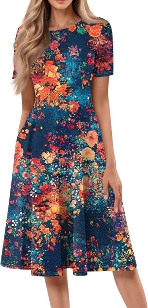 Summer Dresses for Women 2025 Beach Vacation Crewneck Short Sleeve Elegant A Line Dress Side Pockets Midi Sun Dress