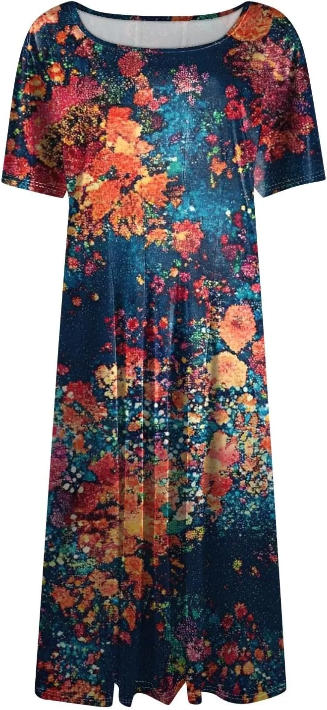 Summer Dresses for Women 2025 Beach Vacation Crewneck Short Sleeve Elegant A Line Dress Side Pockets Midi Sun Dress