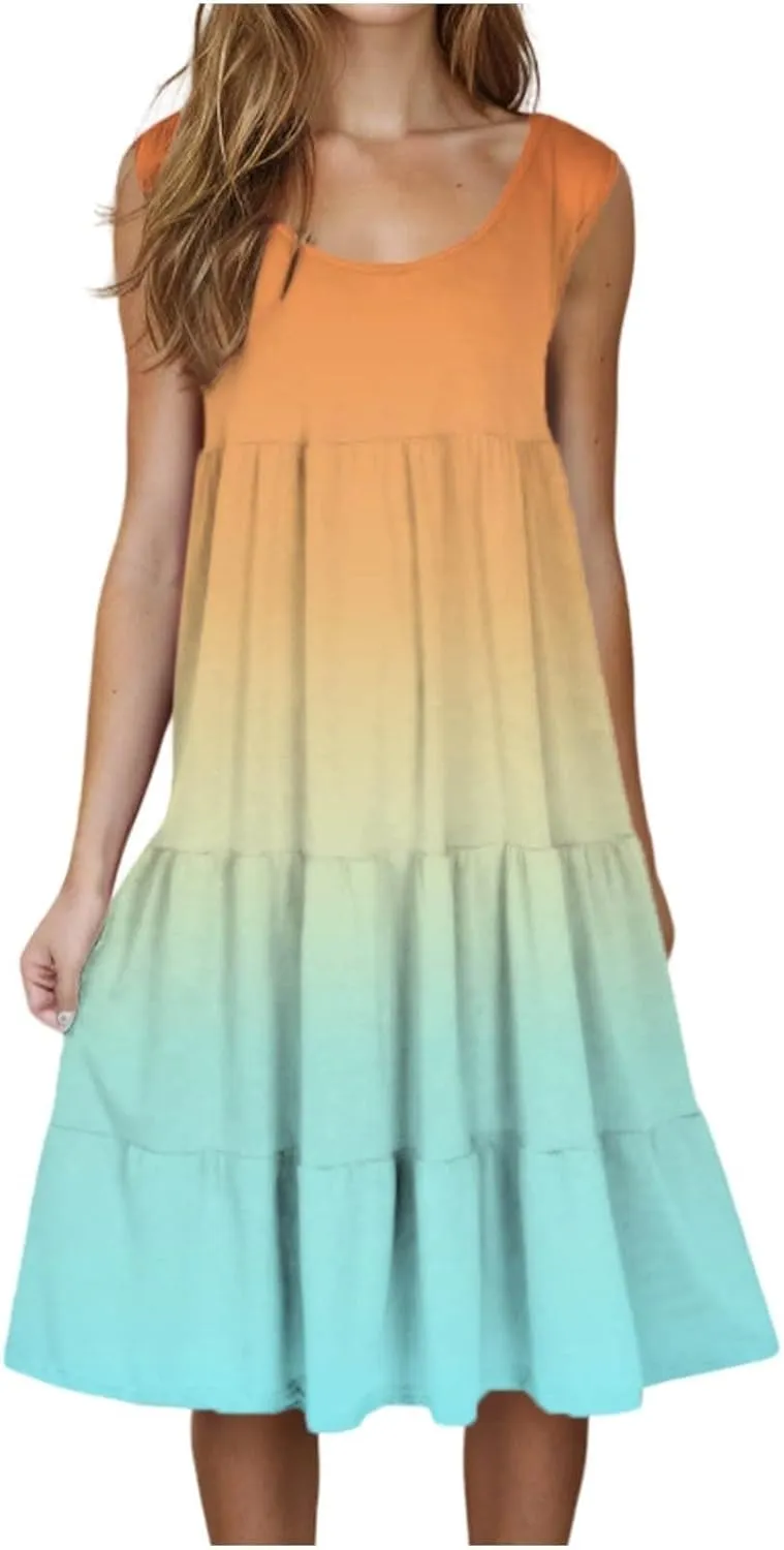 Summer Dresses for Women 2025 Crew Neck Sleeveless Midi Dress Casual Bohemian Sundresses Loose Beach Flowy Dress