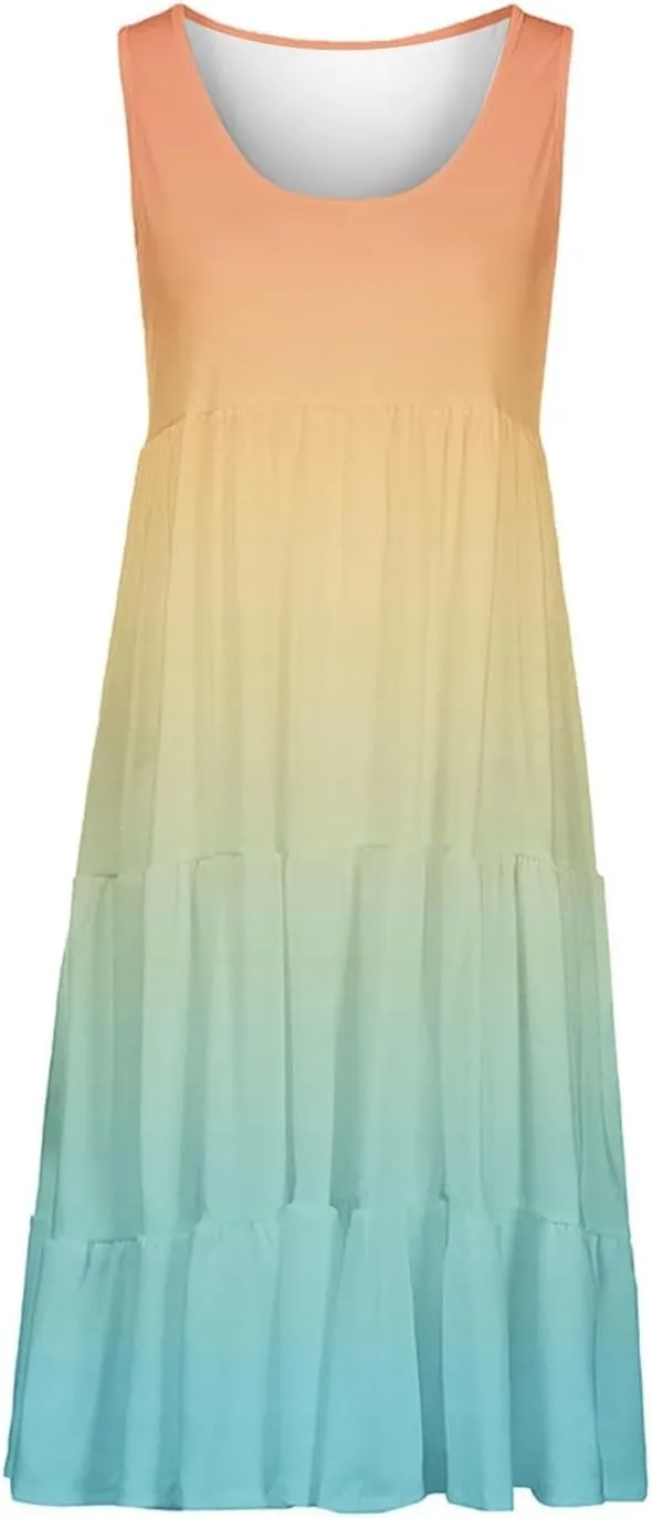 Summer Dresses for Women 2025 Crew Neck Sleeveless Midi Dress Casual Bohemian Sundresses Loose Beach Flowy Dress