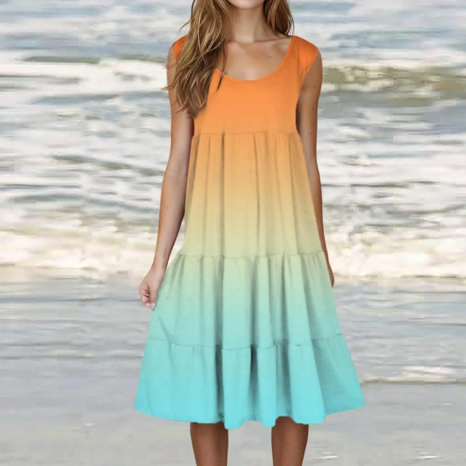 Summer Dresses for Women 2025 Crew Neck Sleeveless Midi Dress Casual Bohemian Sundresses Loose Beach Flowy Dress