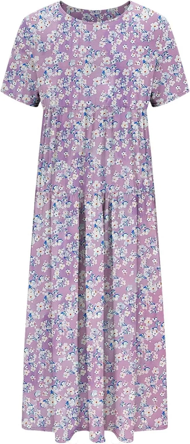 Summer Dresses for Women 2025 Floral Graphic Short Sleeve Crewneck Flowy Midi Dress Spring Dress