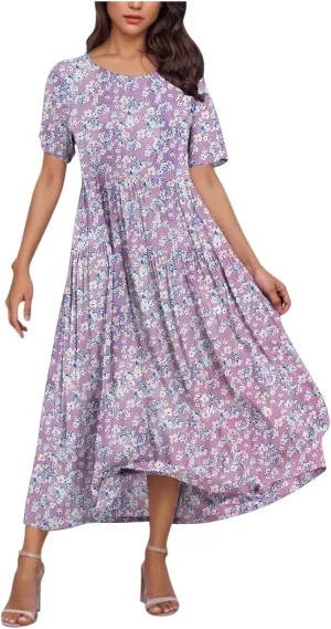 Summer Dresses for Women 2025 Floral Graphic Short Sleeve Crewneck Flowy Midi Dress Spring Dress