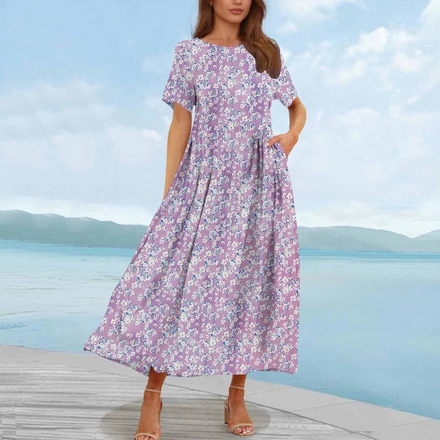 Summer Dresses for Women 2025 Floral Graphic Short Sleeve Crewneck Flowy Midi Dress Spring Dress