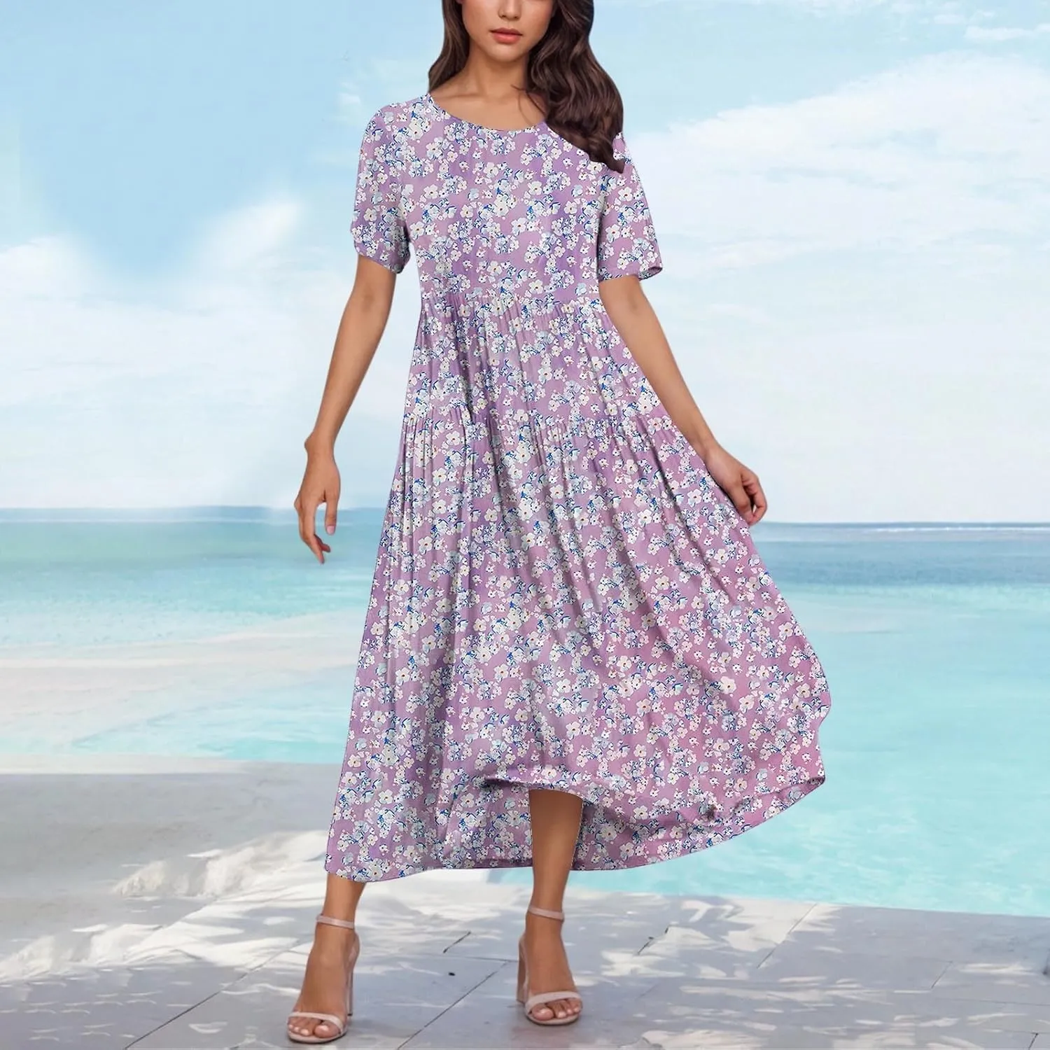 Summer Dresses for Women 2025 Floral Graphic Short Sleeve Crewneck Flowy Midi Dress Spring Dress