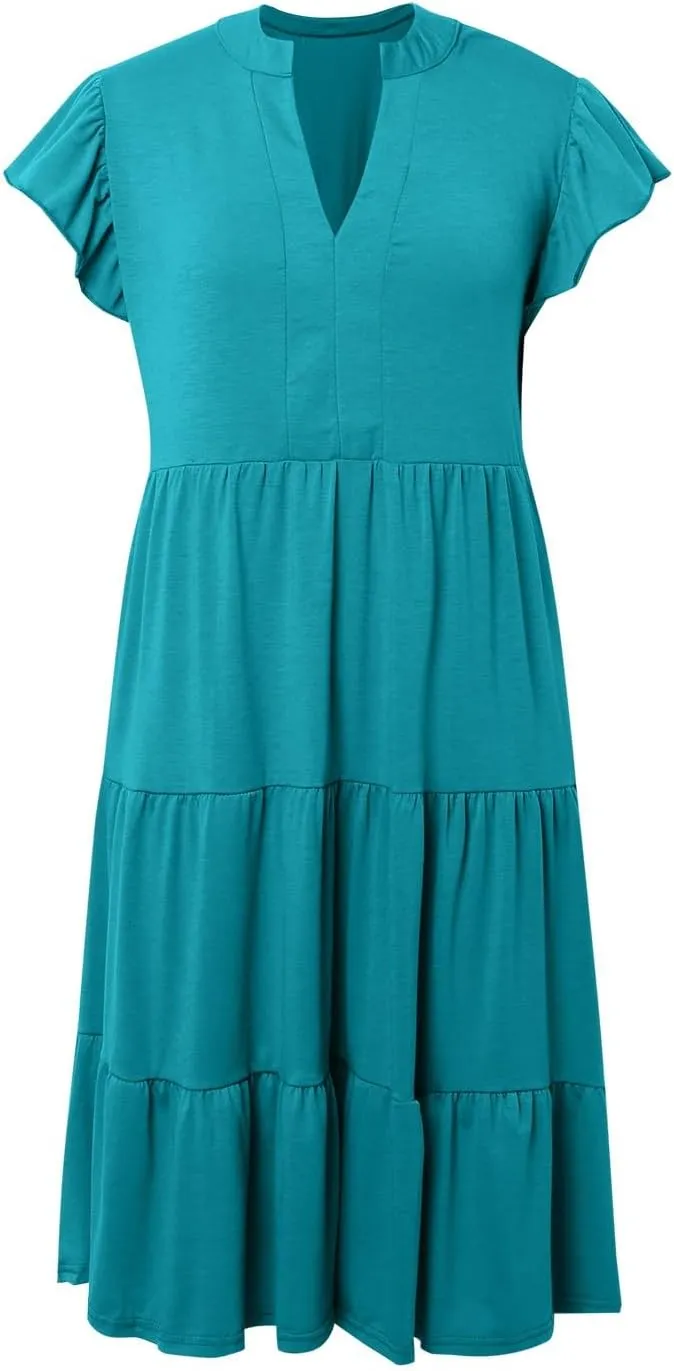 Summer Dresses for Women 2025 Ruffle Sleeve V Neck Midi Dresses Tiered Flowy Casual Fit Boho Beach Vacation Sundress