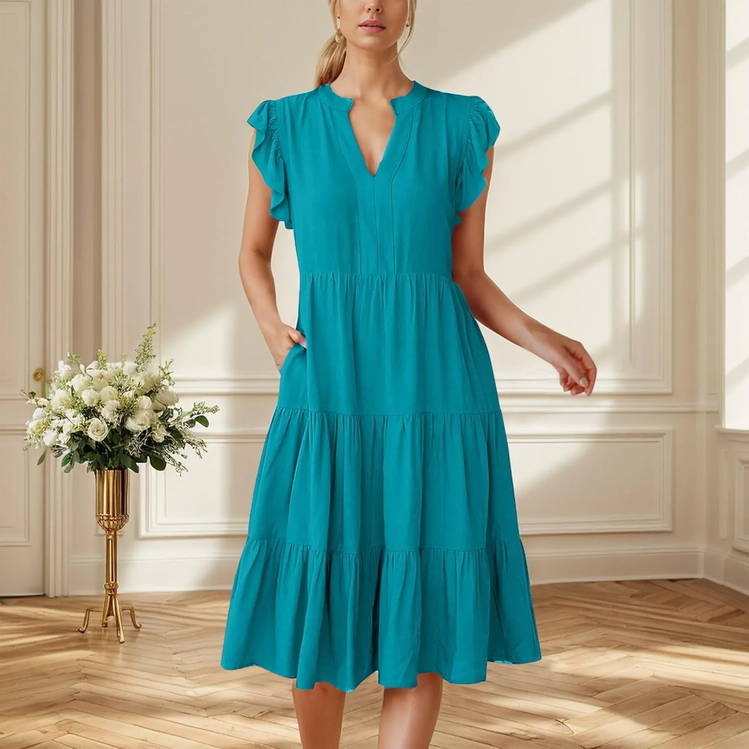 Summer Dresses for Women 2025 Ruffle Sleeve V Neck Midi Dresses Tiered Flowy Casual Fit Boho Beach Vacation Sundress