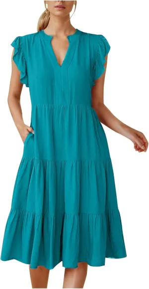Summer Dresses for Women 2025 Ruffle Sleeve V Neck Midi Dresses Tiered Flowy Casual Fit Boho Beach Vacation Sundress
