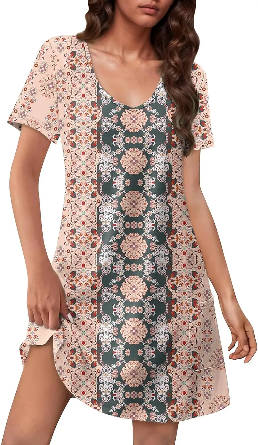 Summer Dresses for Women 2025 V-Neck Casual Print Dress Short Sleeve with Pockets Summer Bohemian Beach Dresses