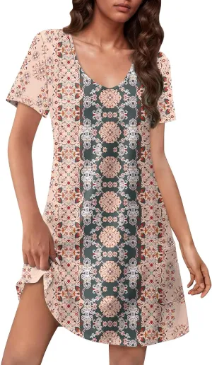 Summer Dresses for Women 2025 V-Neck Casual Print Dress Short Sleeve with Pockets Summer Bohemian Beach Dresses