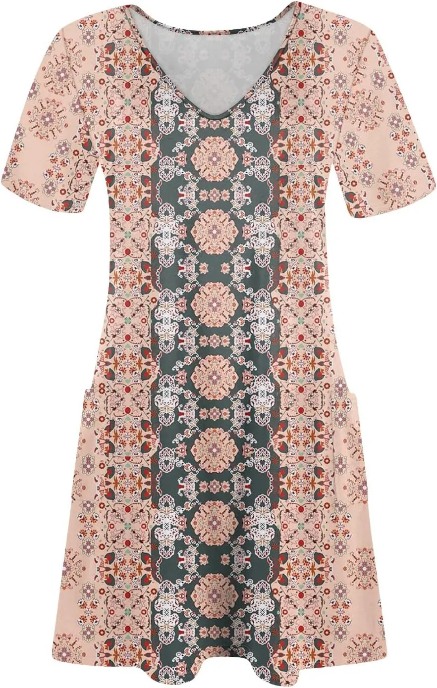 Summer Dresses for Women 2025 V-Neck Casual Print Dress Short Sleeve with Pockets Summer Bohemian Beach Dresses